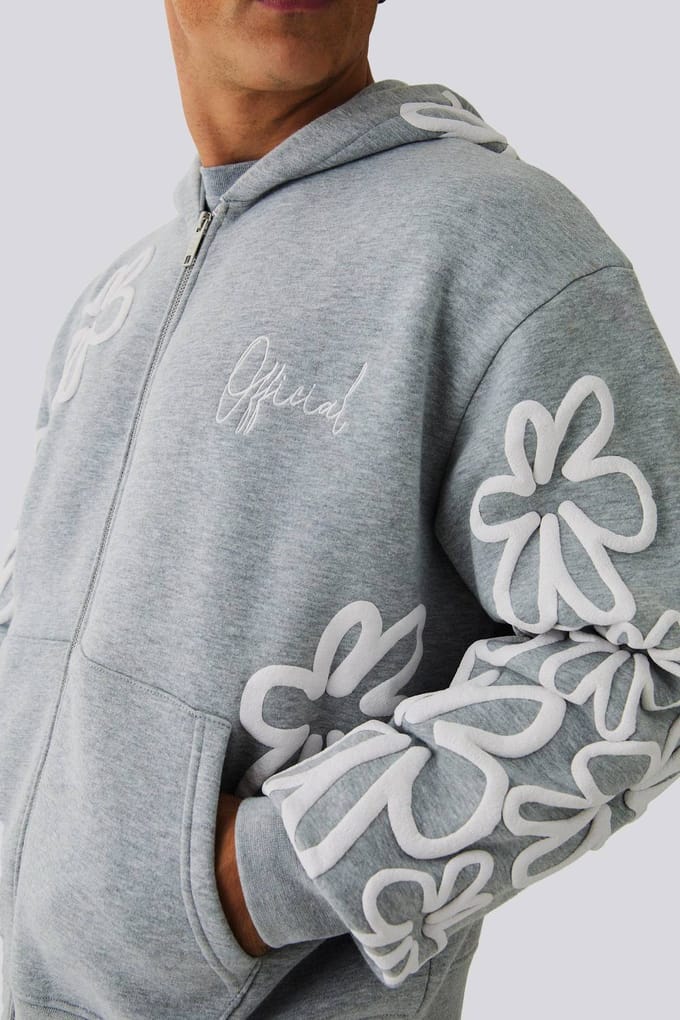 Oversized Boxy Floral Puff Print Zip Through Tracksuit | Grey Marl | Size Medium