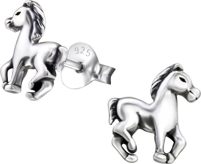 Princess Oorbellen Horse - 925 Zilver E-Coating - Paard - 8x9mm