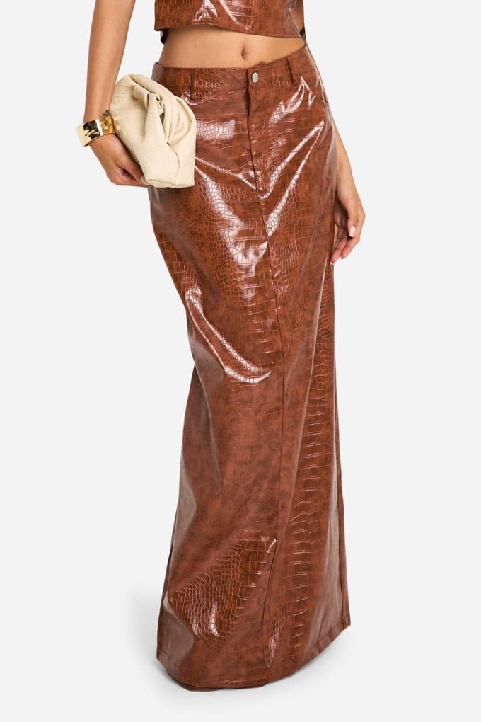 boohoo Dames Croc Look Synthetisch Lederen Maxi Rok | Bruin | Maat: 38