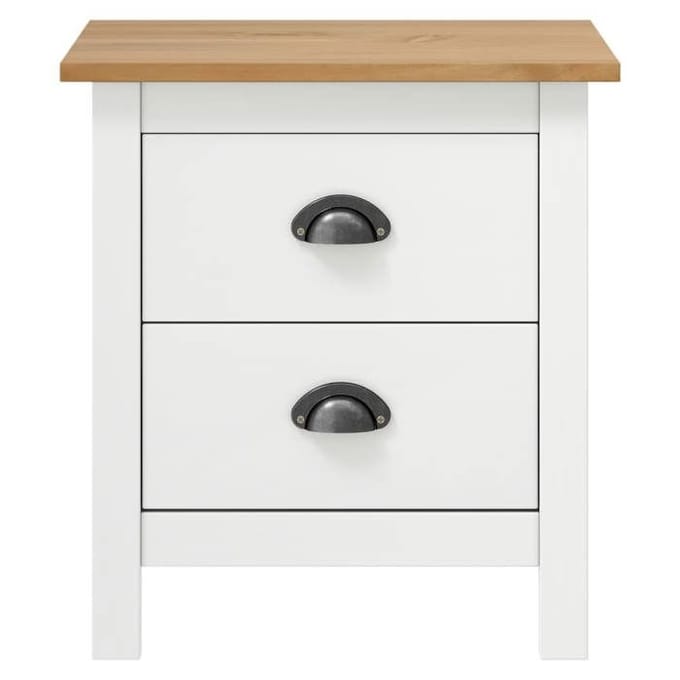 Table de chevet - Hill - Bois de pin massif - 2 tiroirs - Blanc et marron miel wit
