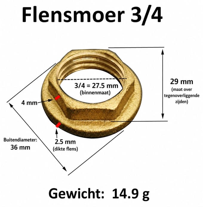 3/4 inch Messing flensmoer – stevig, corrosiebestendig en veelzijdig inzetbaar (± 26,5 mm buitendraadmaat)
