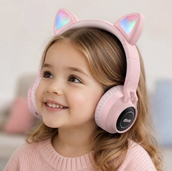 Kinder hoofdtelefoon - Draadloze koptelefoon Bluetooth met led kattenoortjes roze - DOBI MAX