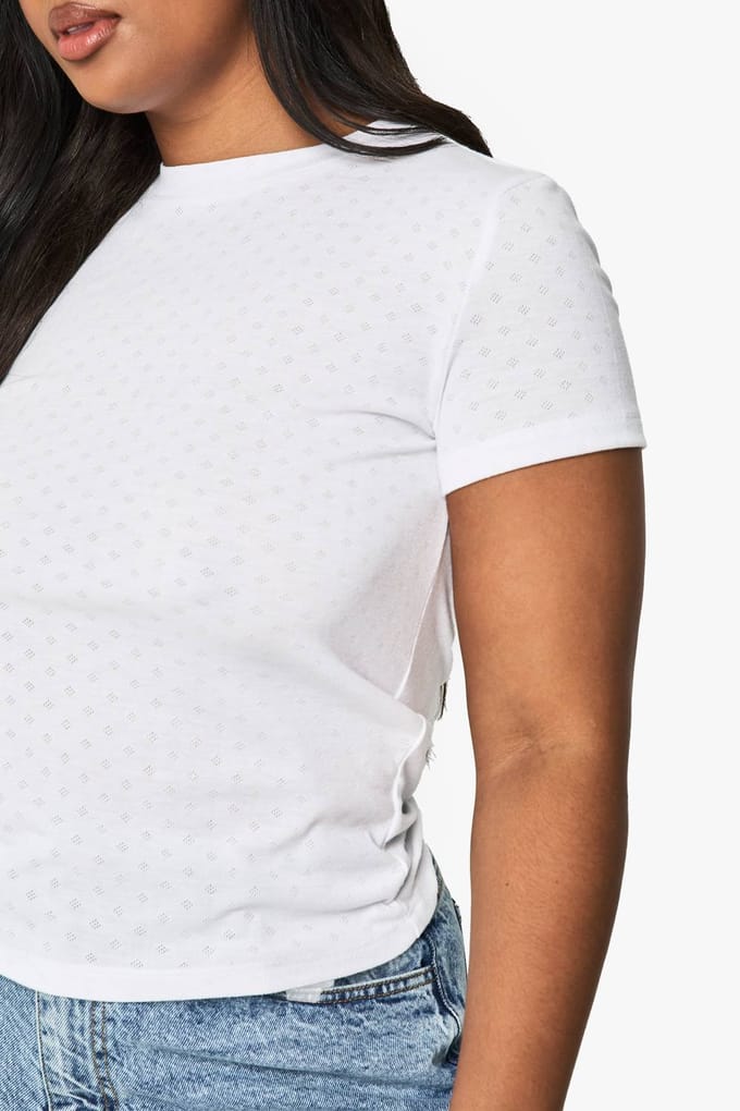 boohoo Dames Plus Pointelle korte mouw aansluitende top | Wit | Maat: 48