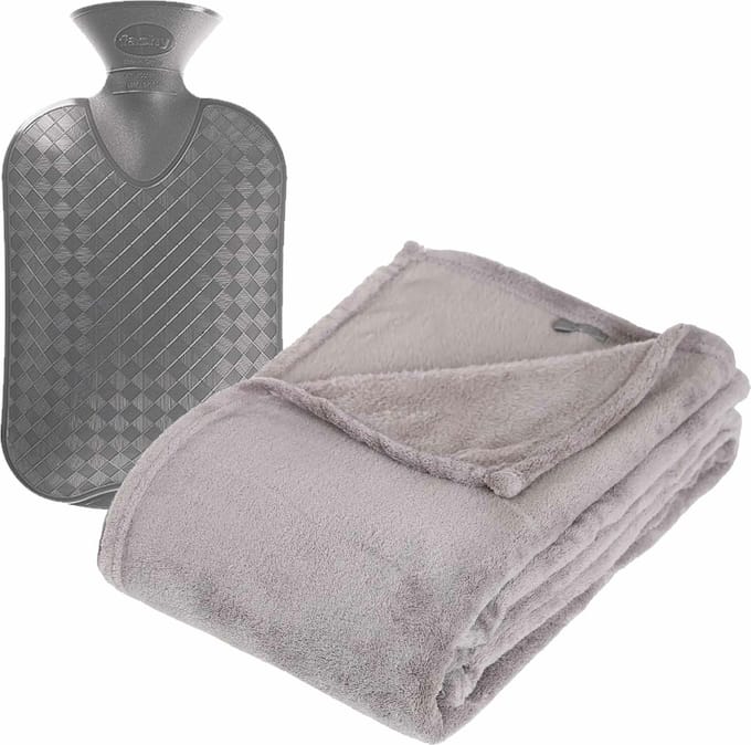 Fleece deken/plaid Zilvergrijs 125 x 150 cm en kruik 2 liter