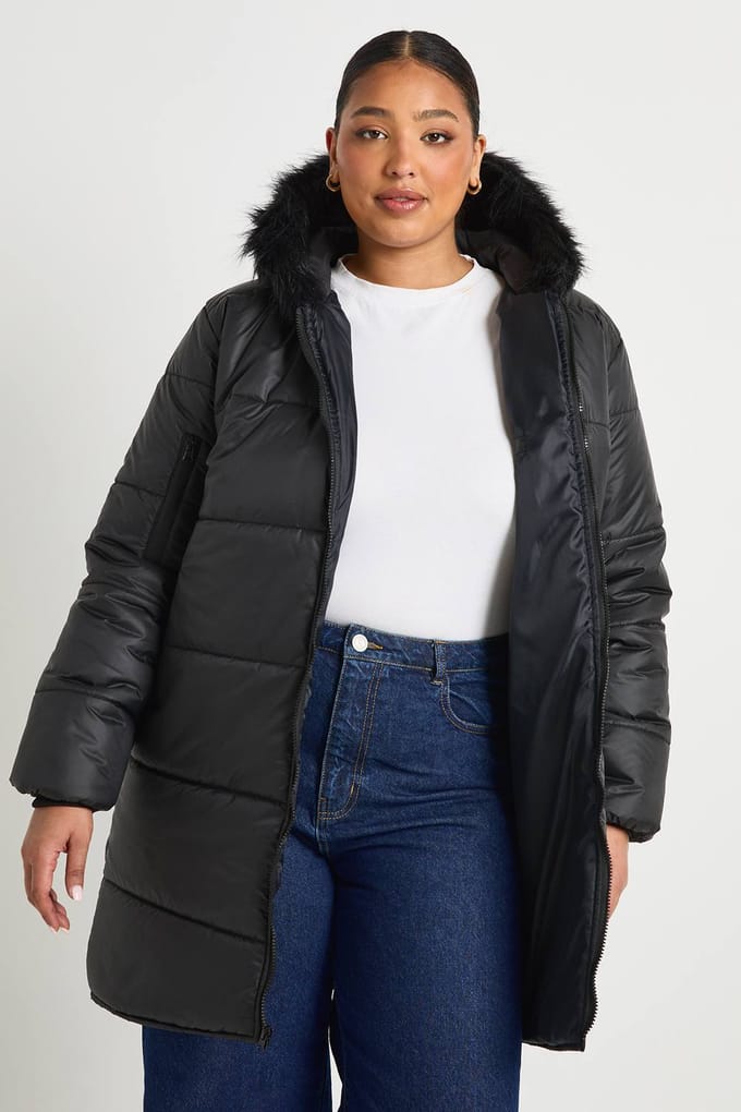 boohoo Dames Plus Faux Fur Trim Parka | Black | Maat: 16
