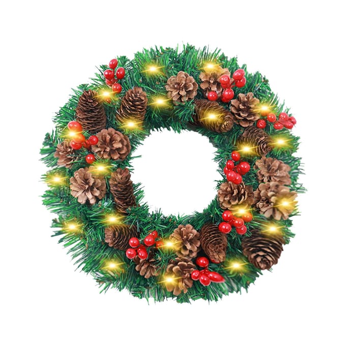 LED-kerstkrans met batterijgevoede lichtslinger dennenappels rood fruit 12 inch vrolijk kerstfeest 30cm With String Light