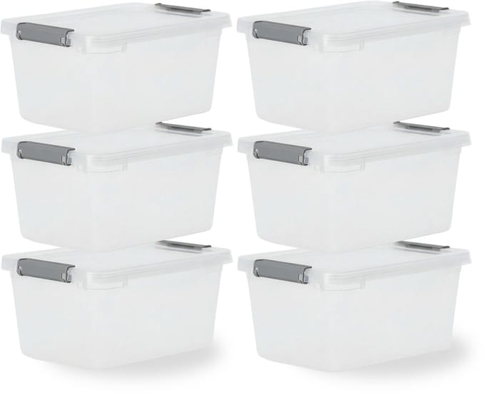 IRIS Storage Opbergbox met clips - 4.5L - Compact - Stapelbaar - Kunststof - Transparant/Grijs - Set van 6