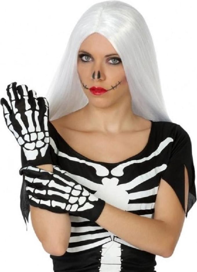 Horror skelet handshoenen zwart wit voor dames- Halloween verkleed accessoire