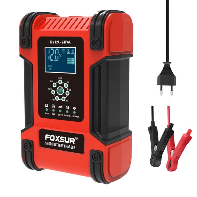 Auto-acculaders 12V/12A 24V/6A Volledig automatische slimme acculaders Onderhoudsapparaat Draagbaar EU Plug red
