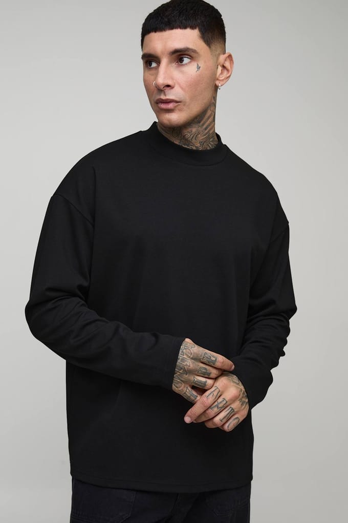 Lang, oversized, superzwaar premium T-shirt met lange mouwen | Black | Size Medium