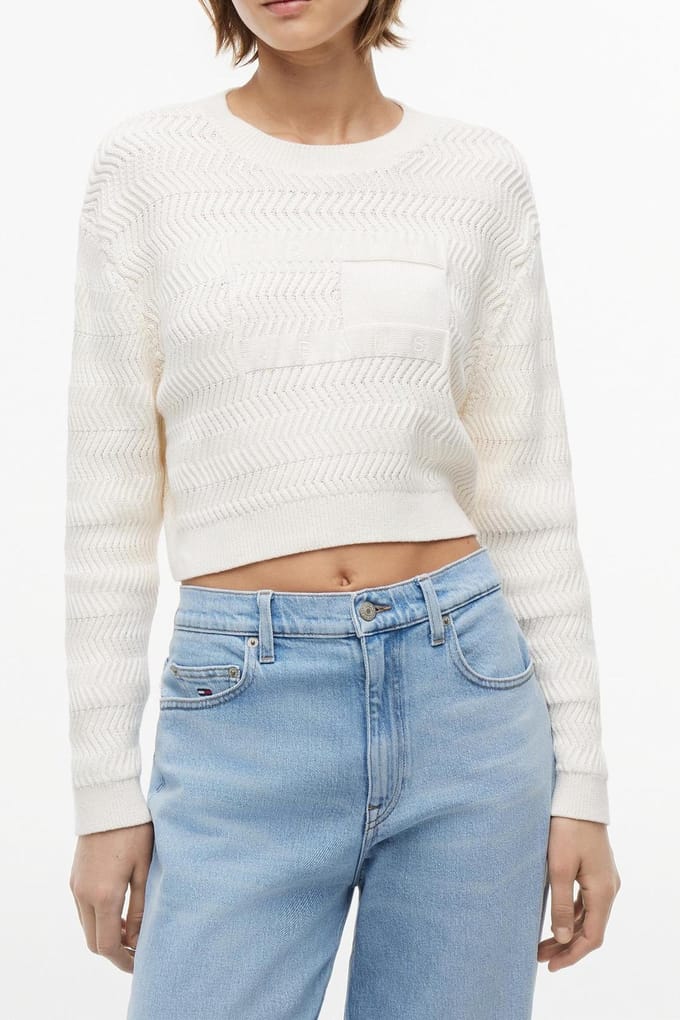 Tommy Hilfiger Textured Flag Sweater Ancient White Größe: S | Pullover Outlet | Damen | Weiß