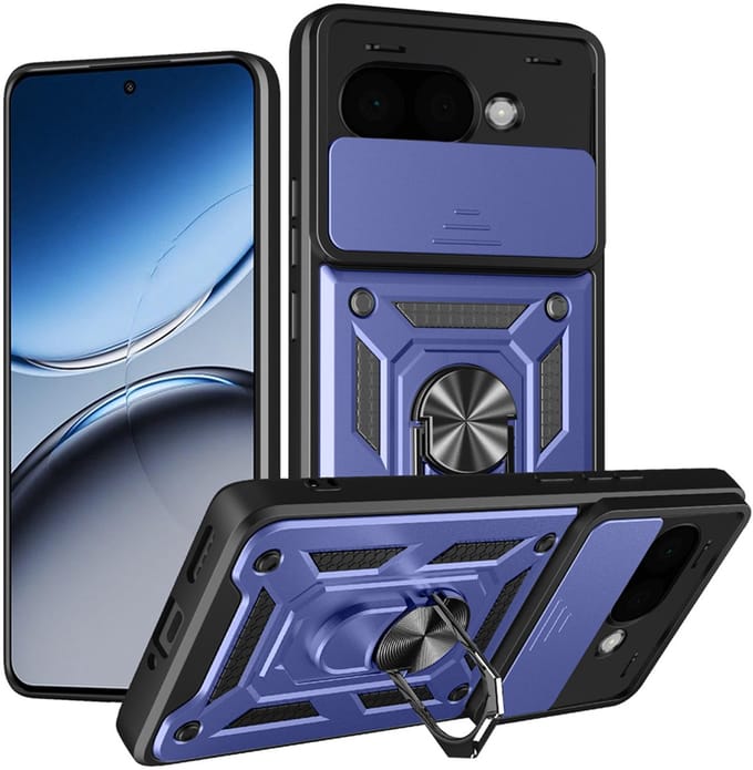 MobyDefend Hoesje - Geschikt voor Google Pixel 9a - Pantsercase Met Draaibare Ring - Blauw