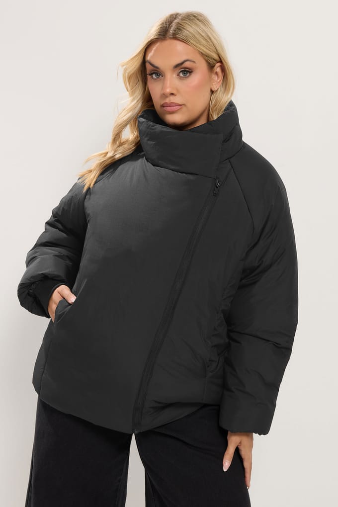 Yours Zwarte Gewatteerde Jas Met Asymmetrische Rits Size 44
