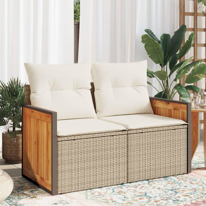 vidaXL - Tuinbank - 2-zits - met - kussens - poly - rattan - beige