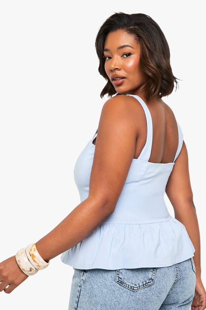 boohoo Dames Plus bengaline peplum top | Poederblauw | Maat: 48