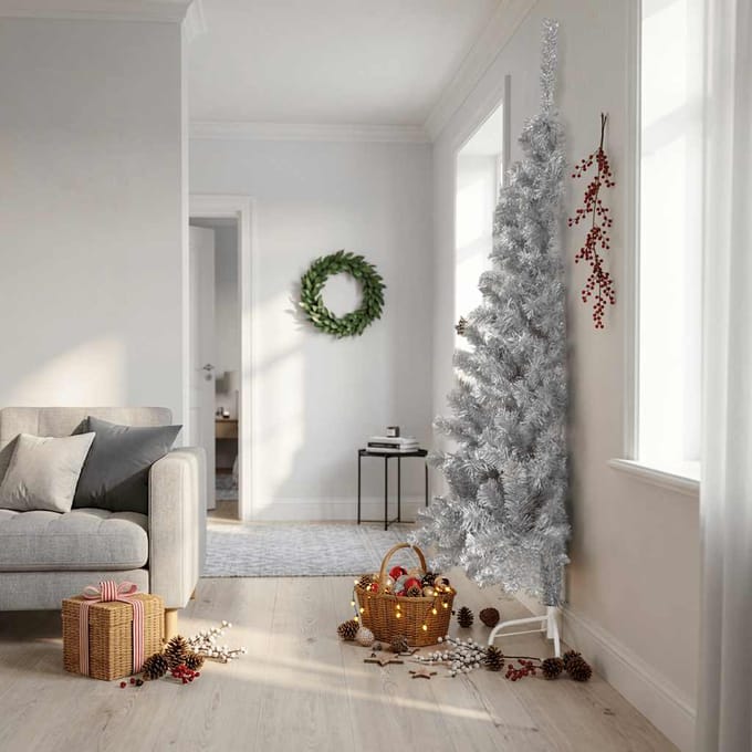 vidaXL Kunstkerstboom half met standaard 240 cm PET zilverkleurig