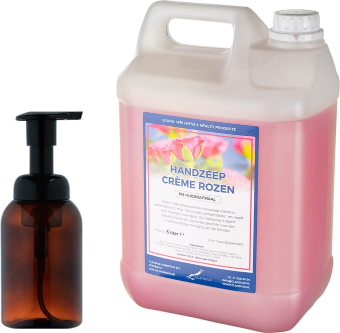 Zeepdispenser 300 ml amber bruin hervulbaar + 5 liter Handzeep Crème Rozen navulling