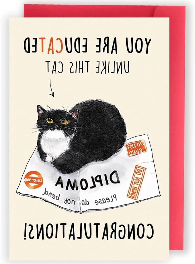 Grappige afstudeerkaart - Afstudeerkaarten kat - Gefeliciteerd afstuderen - Enkelzijdig ontwerp - 20.3 x 13.5 cm - Niet gespecificeerd