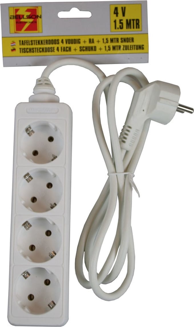 Benson stekkerdoos - 2x - 4-voudig - wit - 1,5 meter - randaarde - verlengsnoer