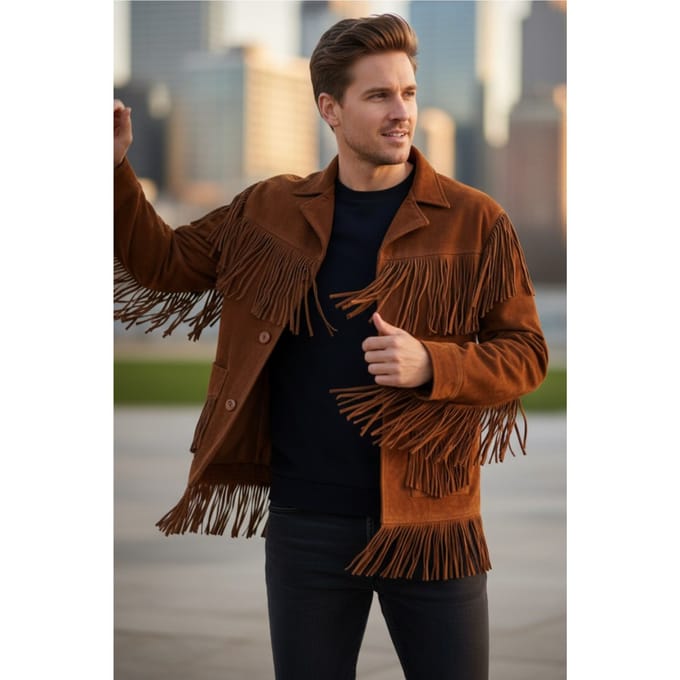Heren Western Retro Tan Cowboy Suède Leren Fringe Jas - Karmozijnrood