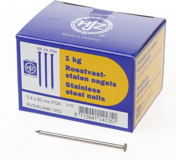 Hjz RVS nagels plat geruite kop 3.4 x 80mm 1kg