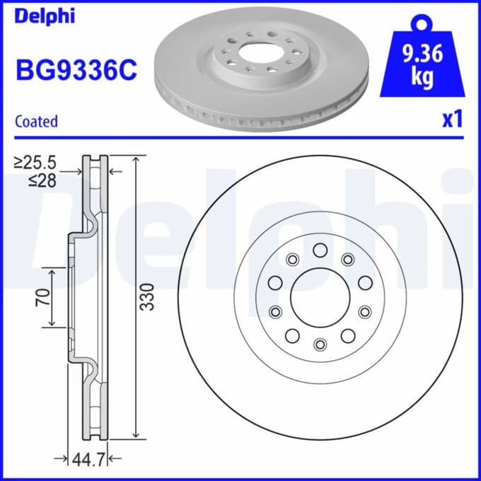 Remschijf DELPHI BG9336C voorkant, geventileerd, 1 stuk