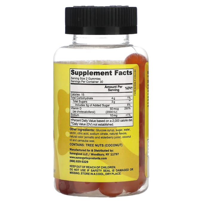 Sunergetic, gummies de vitamine D3, fraise, pêche et mangue, 60 gummies