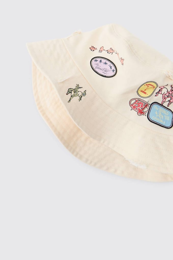 Bedrukte Bucket Hat Met Applicatie Patches | Ecru