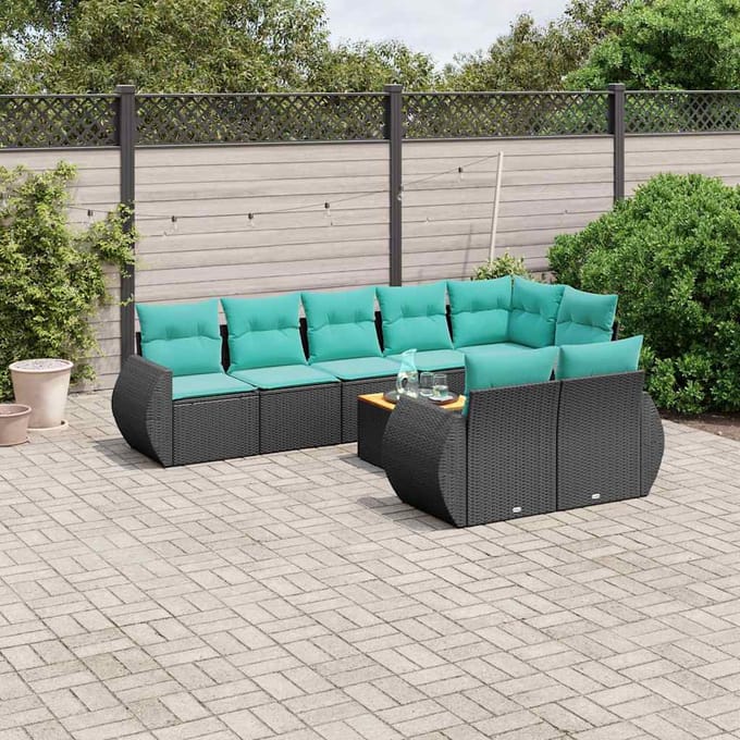 vidaXL - 9-delige - tuinbankset - met - kussens - van - zwart - polyrotan