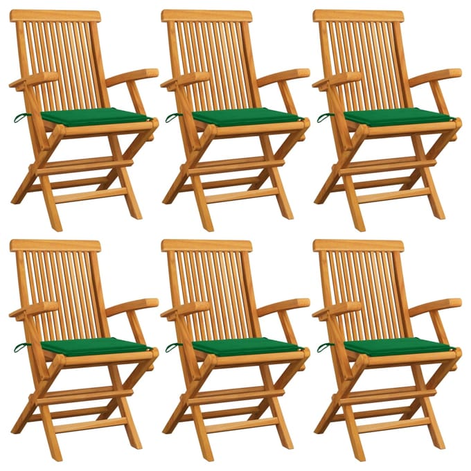 vidaXL - Klapstoelen - met - groene - kussens, - 6 - stuks, - massief - teakhout