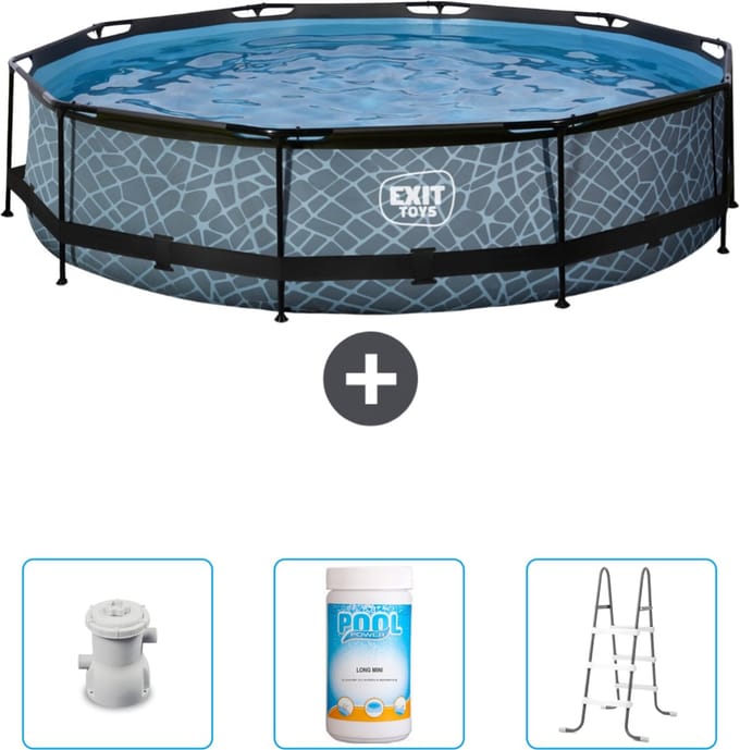 EXIT Rond Stone Frame Zwembad - 360 x 76 cm - Inclusief Pomp - Chloor - Ladder - Nu extra voordelig