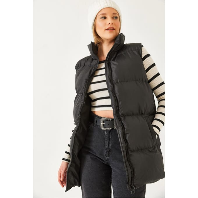 Lange Hooded Neplederen Vest met Ritssluiting en Zak