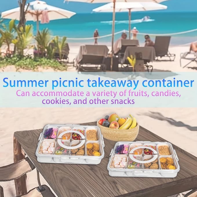 1 stuks Draagbare Snackcontainer Lunchbox met Deksel en Handvat Scheidingslade voor het Bewaren van Snacks Picknick Voedselcontainer, Koelkast Vershouddoos beige