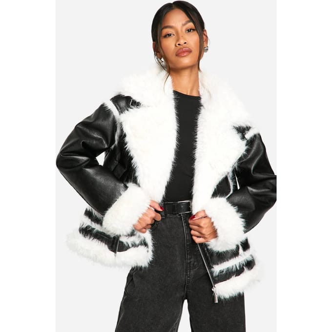 boohoo Dames Faux Fur Trim Oversized Aviator Jacket | Black | Maat: 8