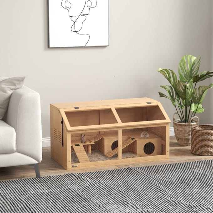 MODFU - Hamsterkooi - Met Platform En Hangbrug - Naturel - Hout - 85 x 45 x 44 cm