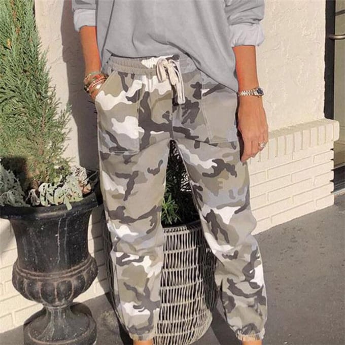 Femmes décontracté taille moyenne Camouflage été poche ample Long pantalon droit XL gris