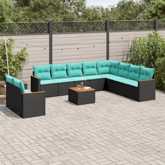 vidaXL - 11-delige - tuinbankset - met - kussens, - zwart - polyrotan