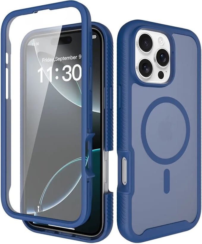 Hoesje met Ingebouwde Screenprotector Geschikt voor Apple iPhone 16 Pro Max - Compatibel met MagSafe / Qi2 - Full Protect - Schokbestendige Beschermhoes - Case Matte Blauw