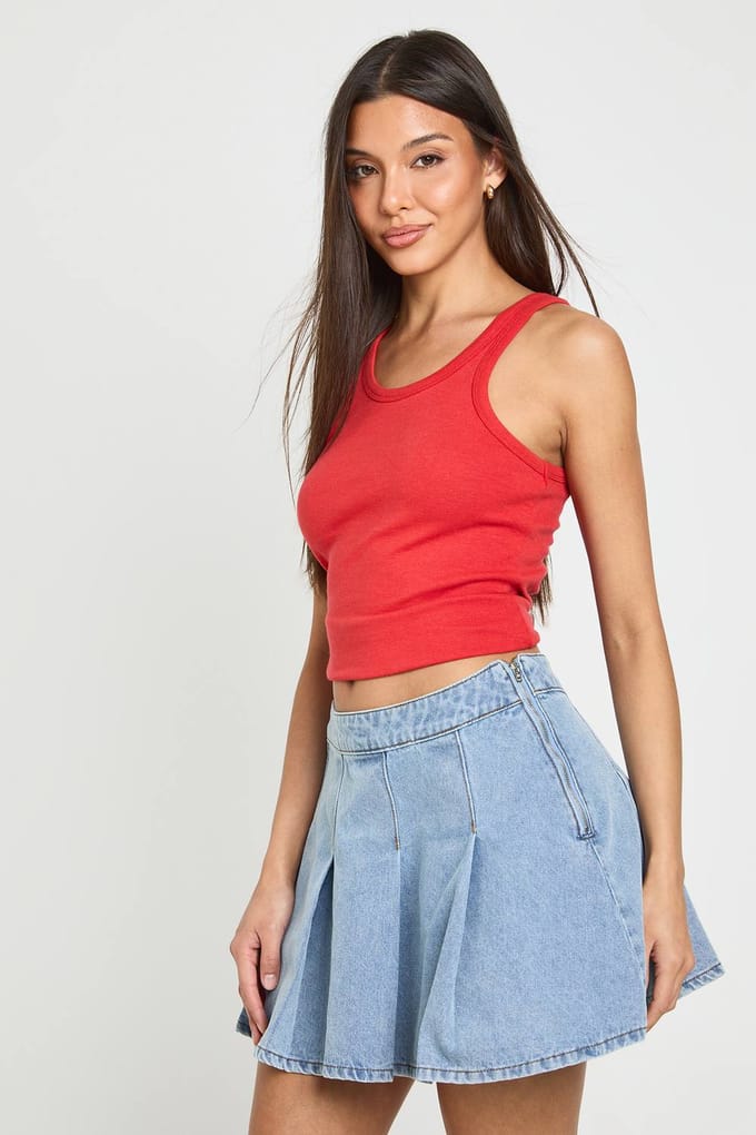 boohoo Dames Geplooide Denim Rok | Gebleekt | Maat: 36