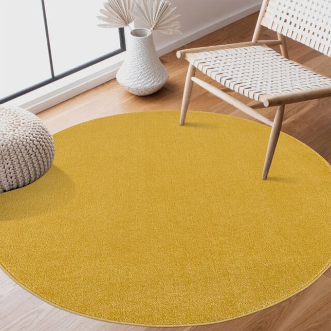 Uni Rond Geel Vloerkleed – Modern Laagpolig Effen Tapijt- 150 CM Ø