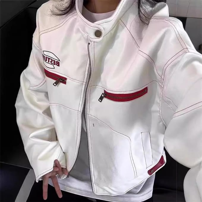 Veste Courte en Cuir Blanc pour Homme Automne et Hiver Veste de Moto Col Montant Veste Brodée M blanc
