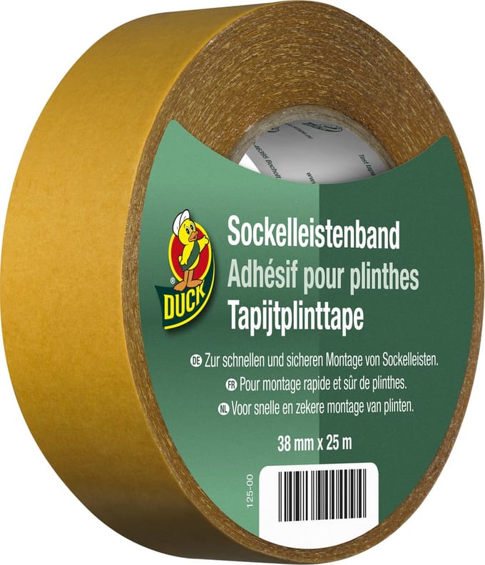 Duck Tapijtplint Tape - Montagetape voor het Bevestigen van Afgehechte Tapijtplinten en Zachte Plinten - Geschikt voor Gebruik Binnenshuis - Gemaakt van Kunststof - Afmeting 38 mm x 25 m - Kleur Goud