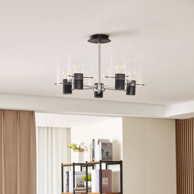 Lucande - plafondlamp - 5lichts - Glas, metaal - H: 35 cm - E27 - helder, zwart