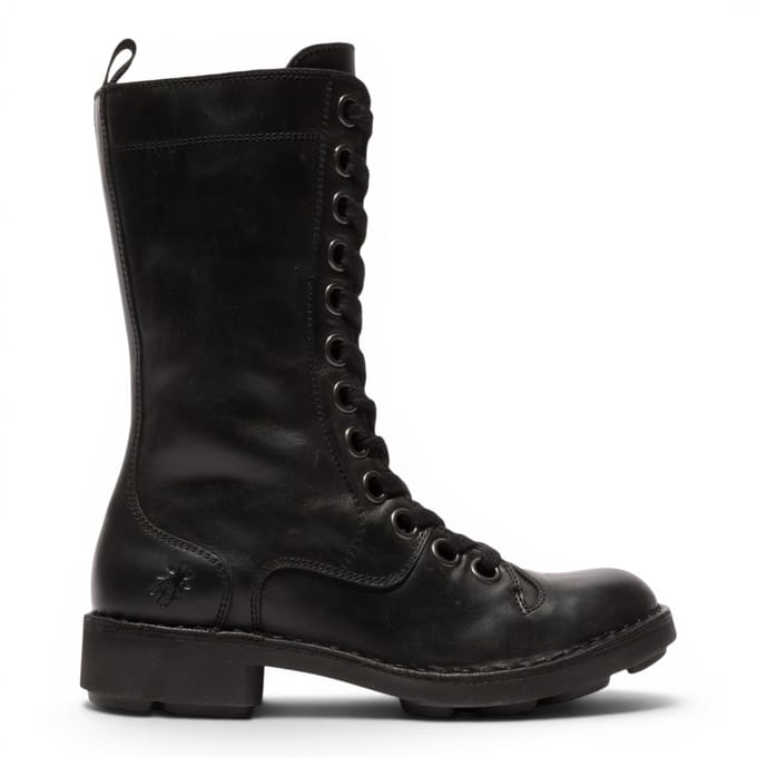 Fly London Women's Black Leather Strike-Up Combat Ankle Boots - NOLE176