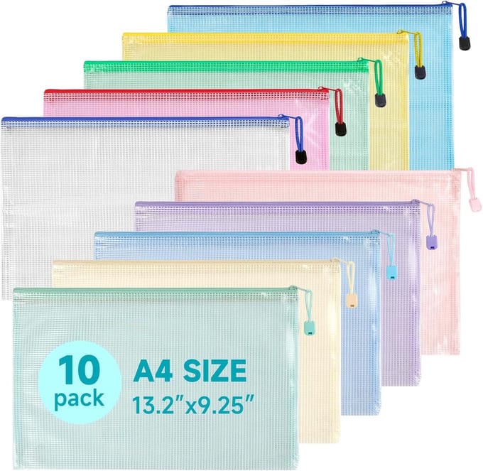 10 stuks documentenmap met ritssluiting A4, waterdichte documentenmap A4 voor documenten, kassabon, papier, school, examenblad, cosmetica, reizen, 10 kleuren…