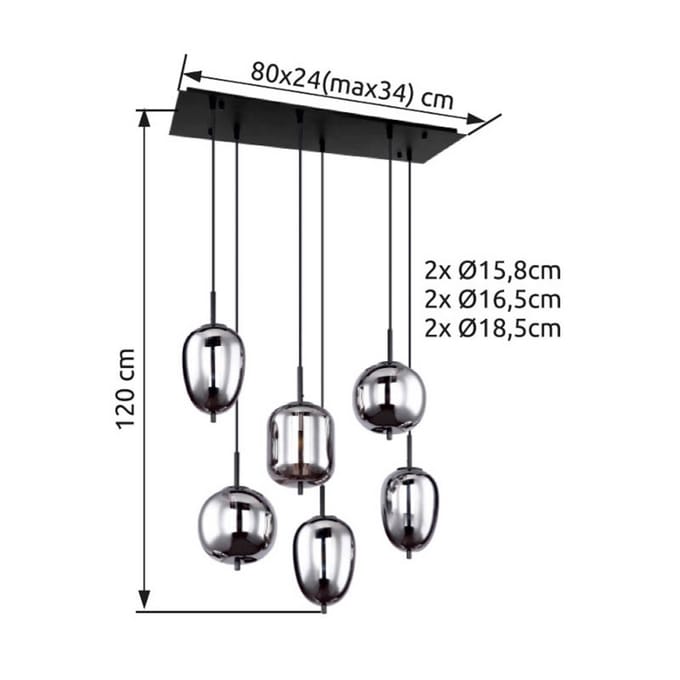Globo Hanglamp Blacky, zwart/rookgrijs, lengte 80 cm, 6-lamps.