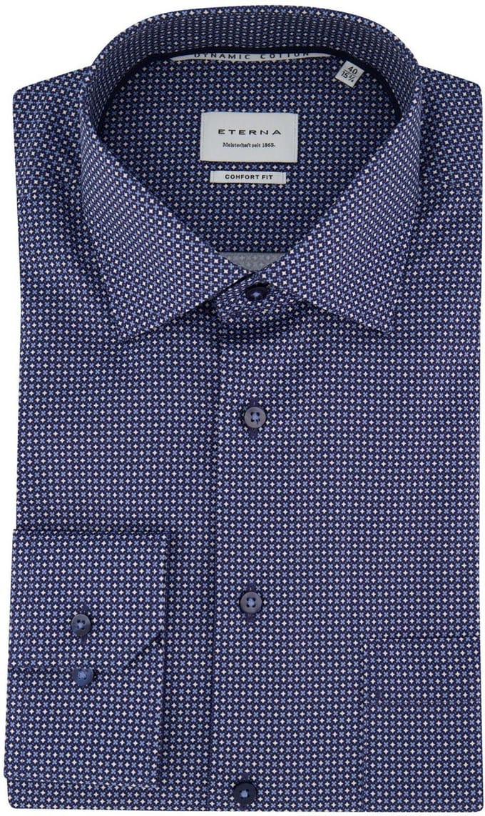 Blauw geprint Eterna overhemd met borstzak