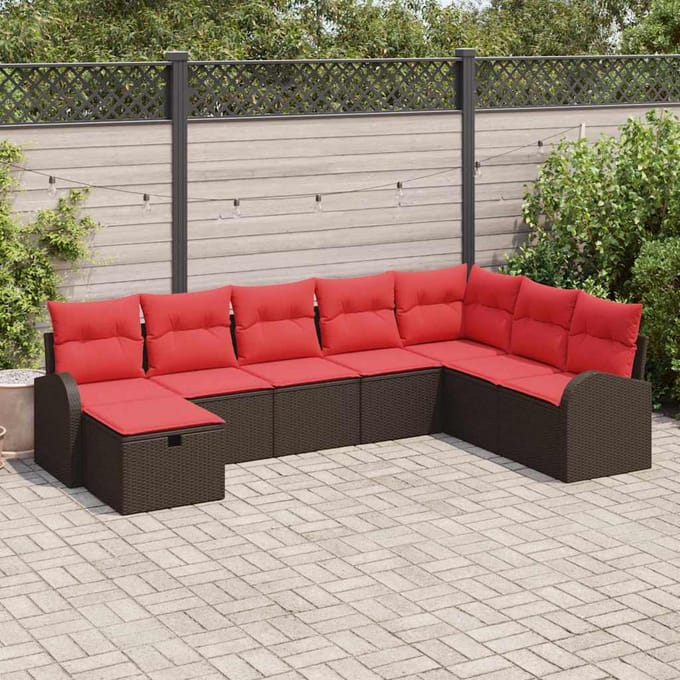 vidaXL - Bankstel - met - kussen - met - opslag - Bruin - en - Rood - poly - rattan