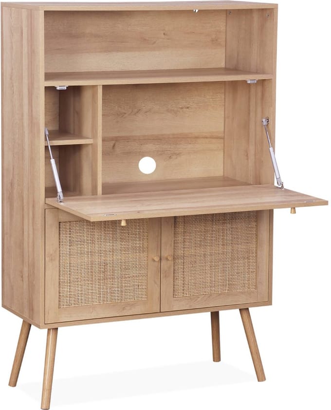 sweeek - Secretaire bureau kast met houtlook en rotan - bohème