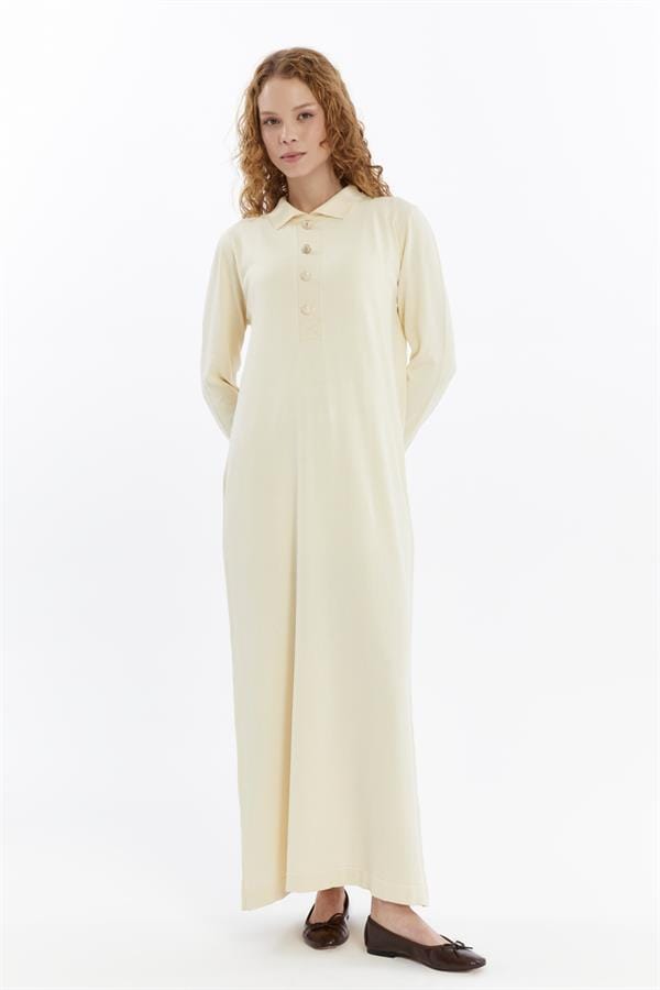 Dames Overhemd Kraag Detailed Half stolp Thin Seasonal Cold Yarn Gebreide kleding Jurk Ecru